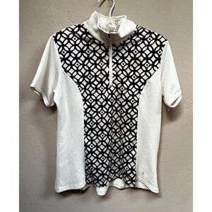 Iconic Women's Ivory Black Geometric Print 1/4 Zip Polo Shirt Sz 14 Short Sleeve